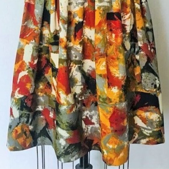 CHELSEA & THEODORE RUST MUSTARD GREEN ABSTRACT WATERCOLOR FULL SKIRT 12 NWOT - Picture 7 of 9